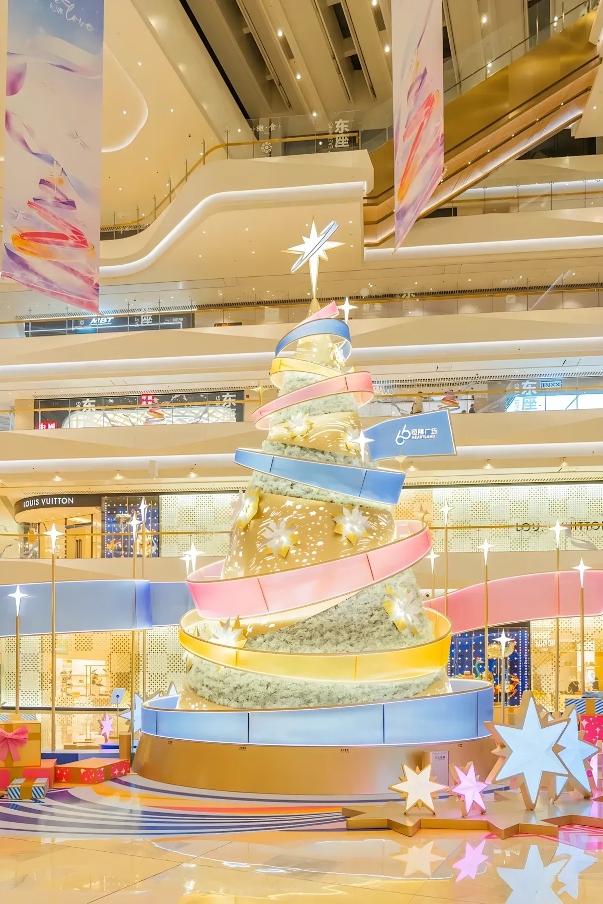 Futuristic Macaron-Pastel Minimalism luxury shopping mall atrium Christmas tree
