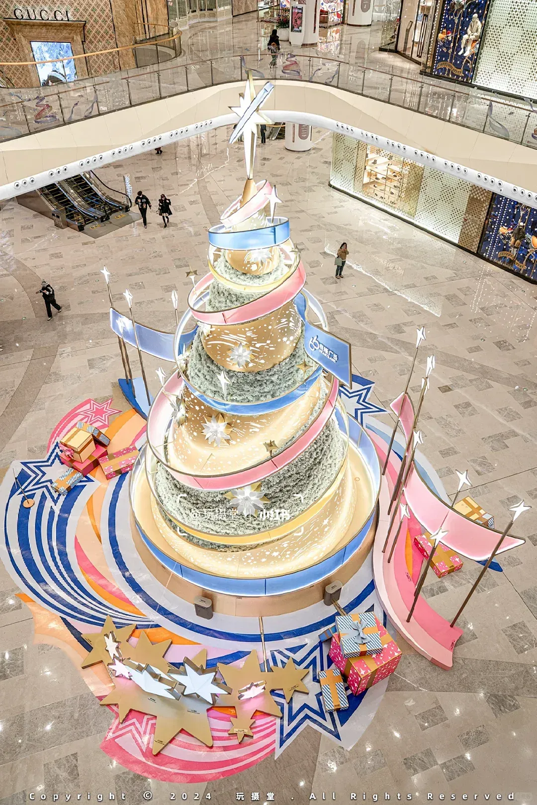 Futuristic Macaron-Pastel Minimalism luxury shopping mall atrium Christmas tree