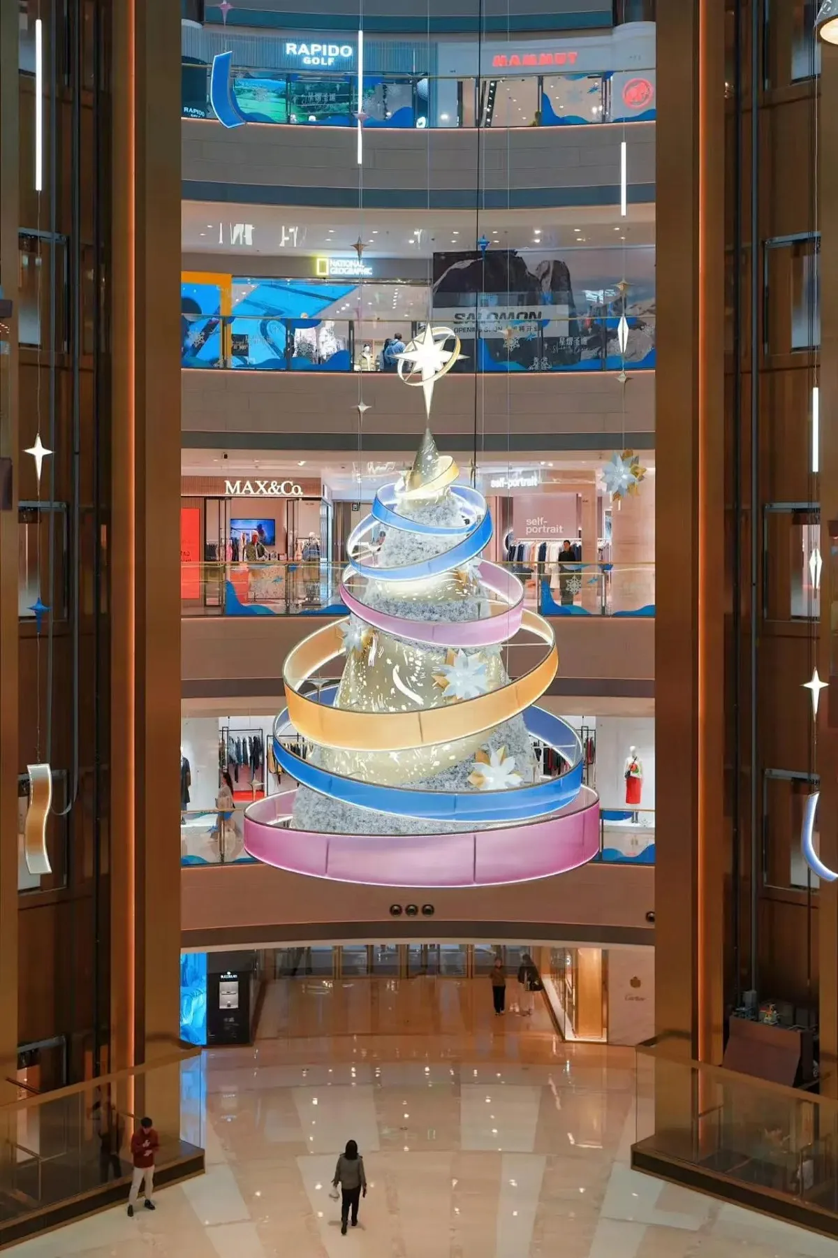 Futuristic Macaron-Pastel Minimalism luxury shopping mall atrium Christmas tree