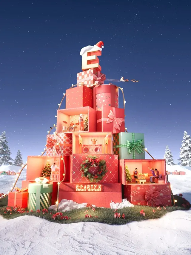 Grand Shopping Mall Central Atrium Holiday Stage – Multi-Tiered LED Step Podium & Interactive Gift Delivery Centerpiece