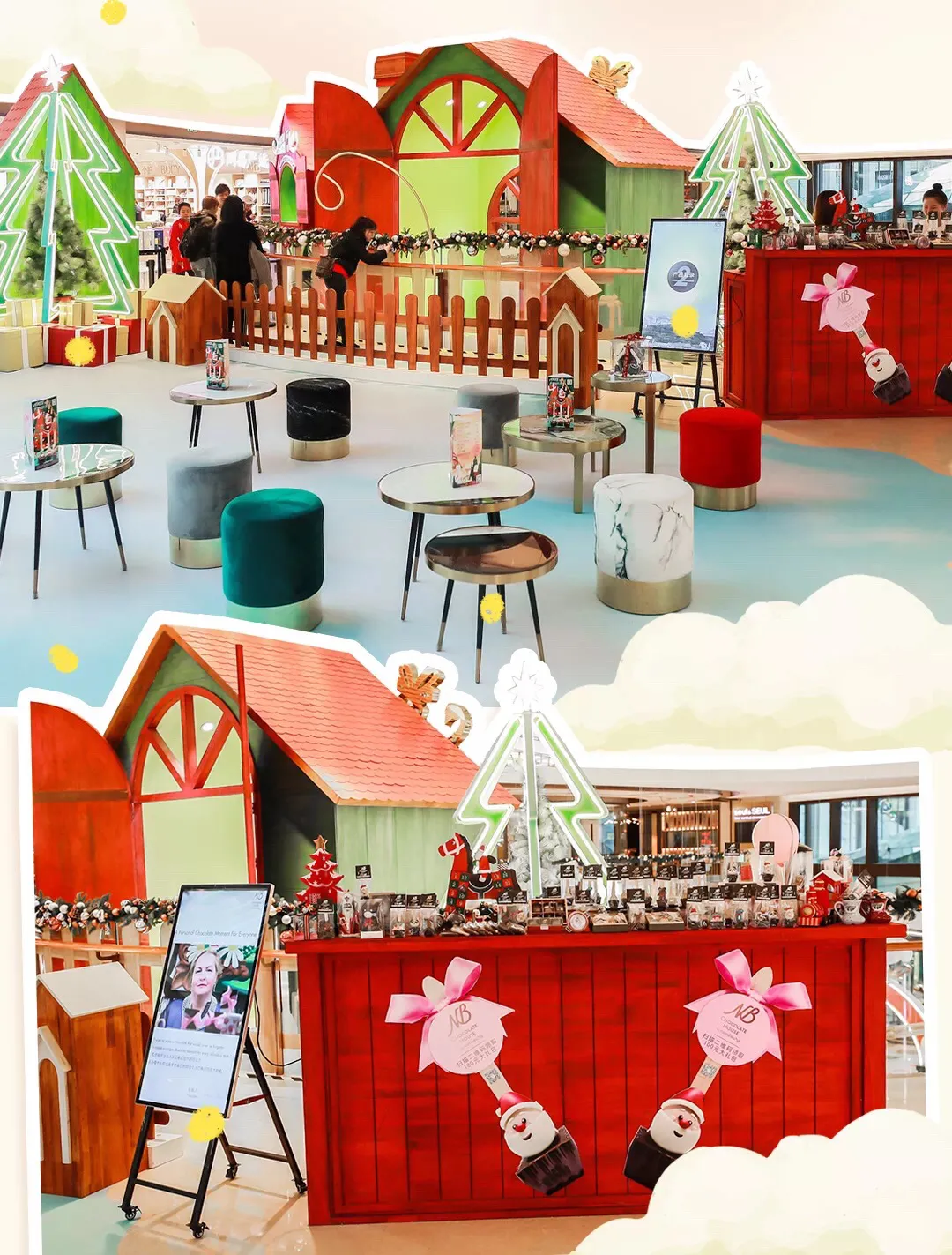 Commercial Mall Experiential Christmas Village – Modular Holiday Coffee Bar & Lounge Set with Velvet Seating and Neon Tree Contours