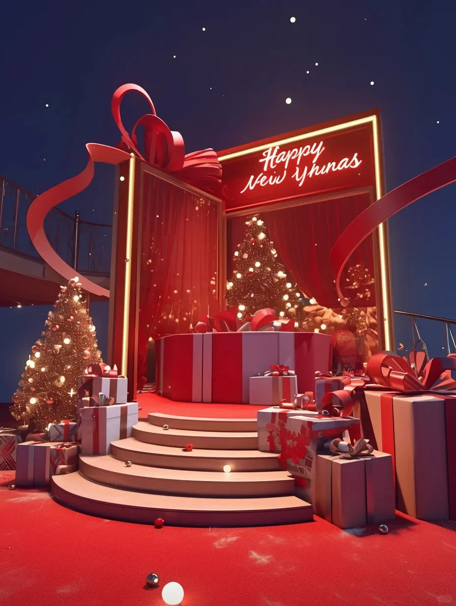 Festive Crimson & Champagne Gold Grand Atrium Interactive Christmas Stage – Multi-Level Holiday Photo-Op Podiums with Giant 3D Ribbon Arch & Integrated LED Neon Signage