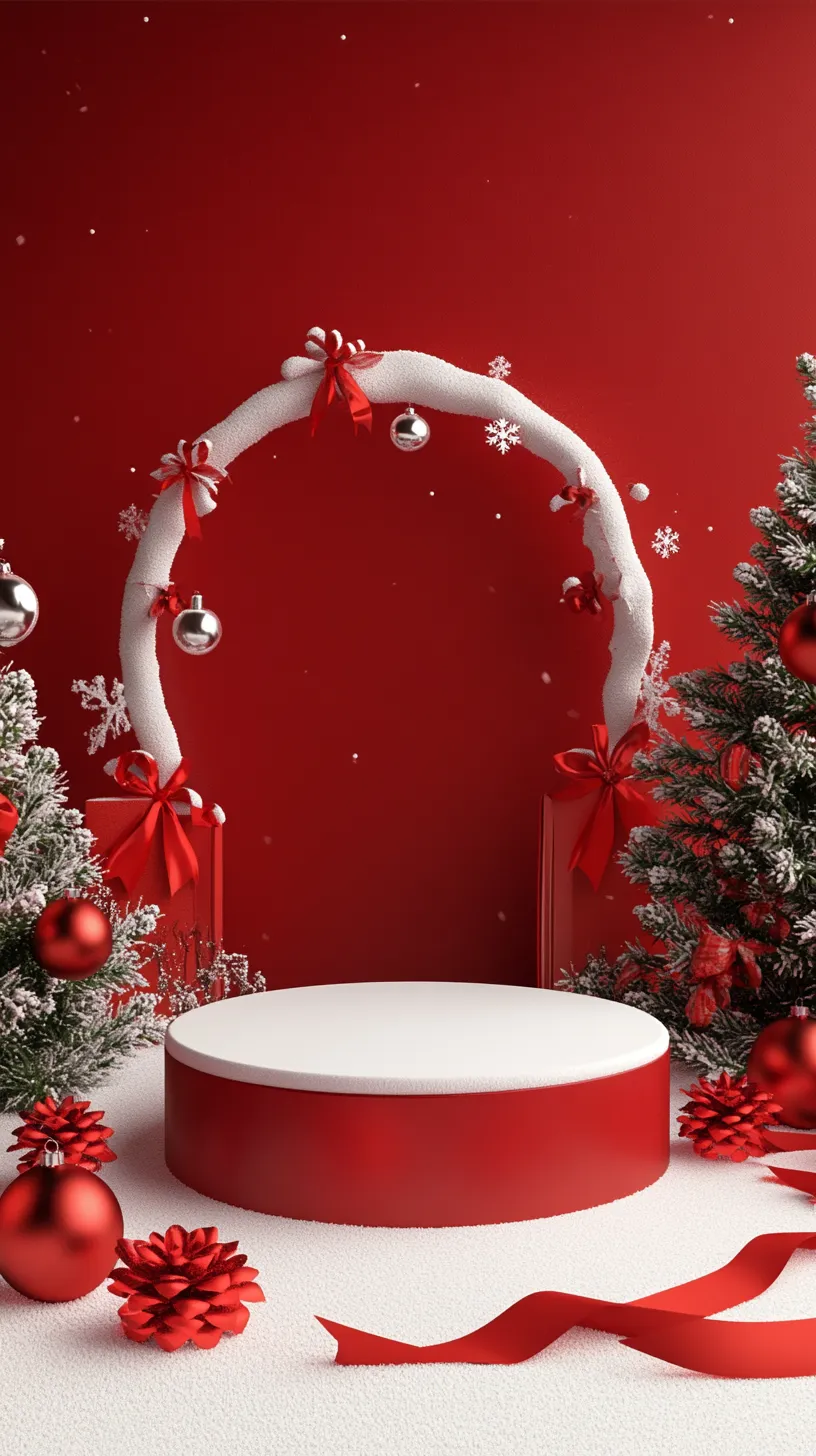 Luxury Shopping Mall Atrium Window Display – Nordic Minimalist Christmas Theme Set with Geometric Cone Trees & Giant Ribbon Gift Boxes
