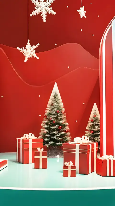 Luxury Shopping Mall Atrium Window Display – Nordic Minimalist Christmas Theme Set with Geometric Cone Trees & Giant Ribbon Gift Boxes