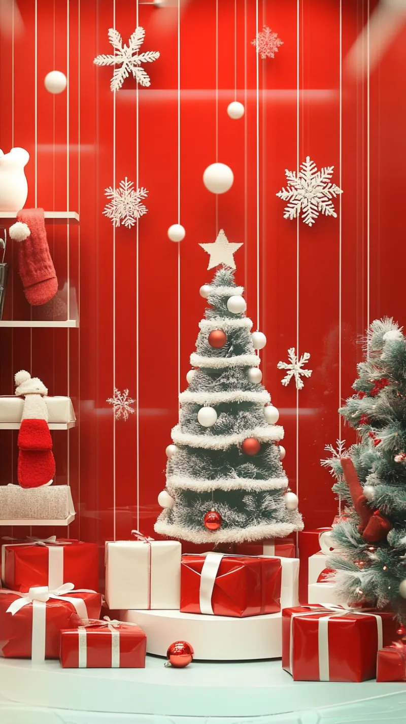 Luxury Shopping Mall Atrium Window Display – Nordic Minimalist Christmas Theme Set with Geometric Co