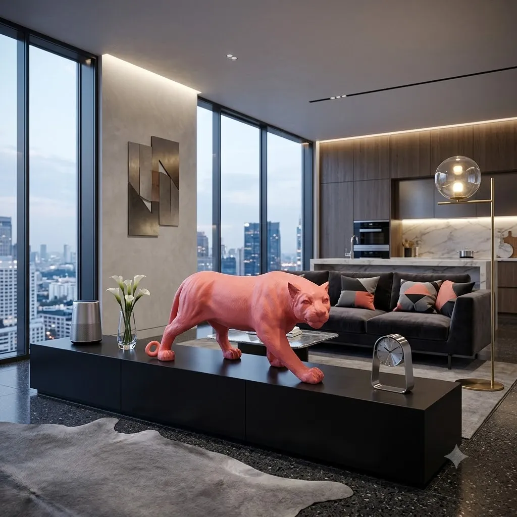 " Prowling Panther " Modern Afro-Chic Fusion Fiberglass Big Cat Statue for Luxury Safari I