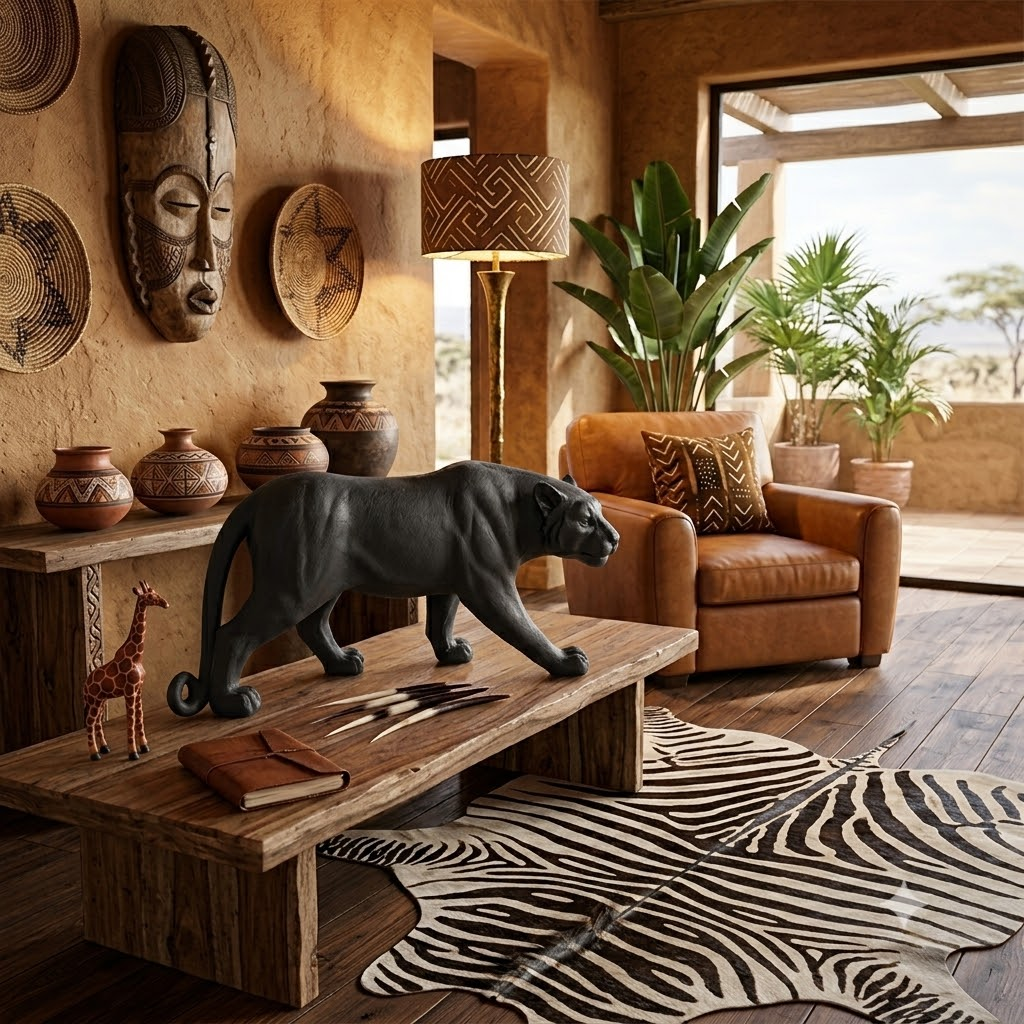 " Prowling Panther " Modern Afro-Chic Fusion Fiberglass Big Cat Statue for Luxury Safari Interior Decor & Eclectic Lounges