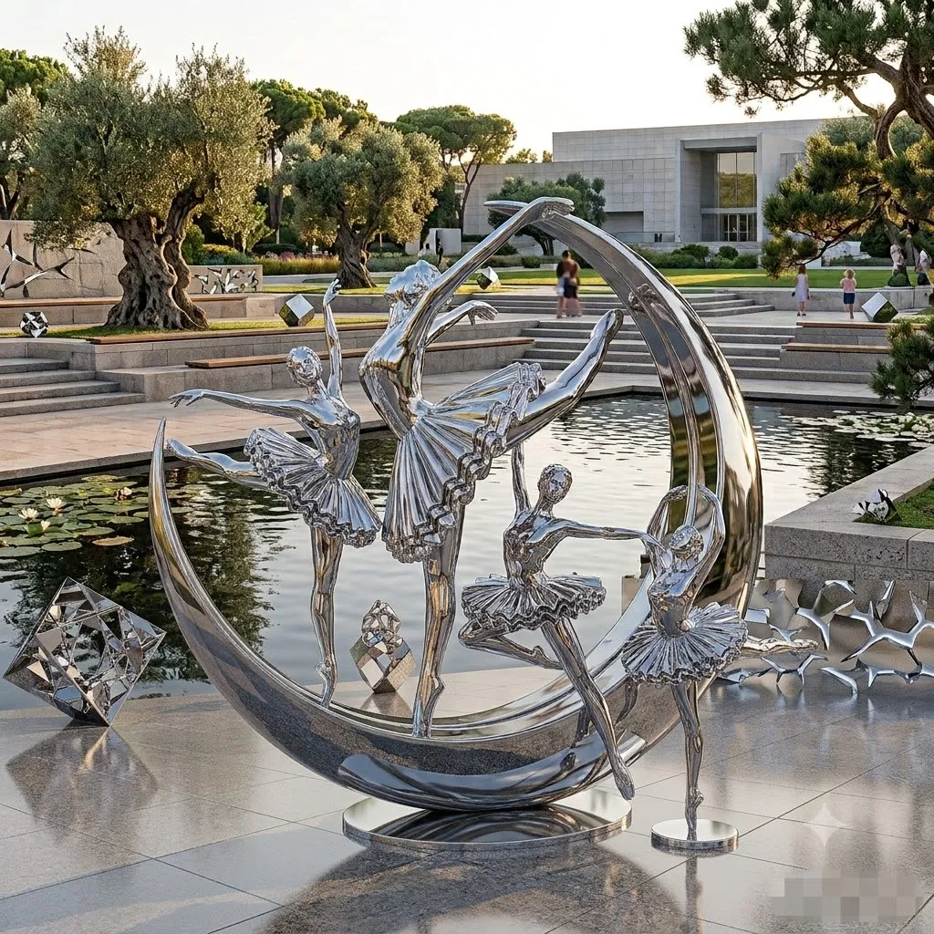Mirror-finish stainless steel moon ballet dancer sculpture for modern garden landscape, outdoor art,