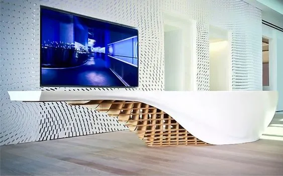 Avant-Garde Irregular Shape Reception Desk – Modern Luminous Fluid-Design Commercial Counter