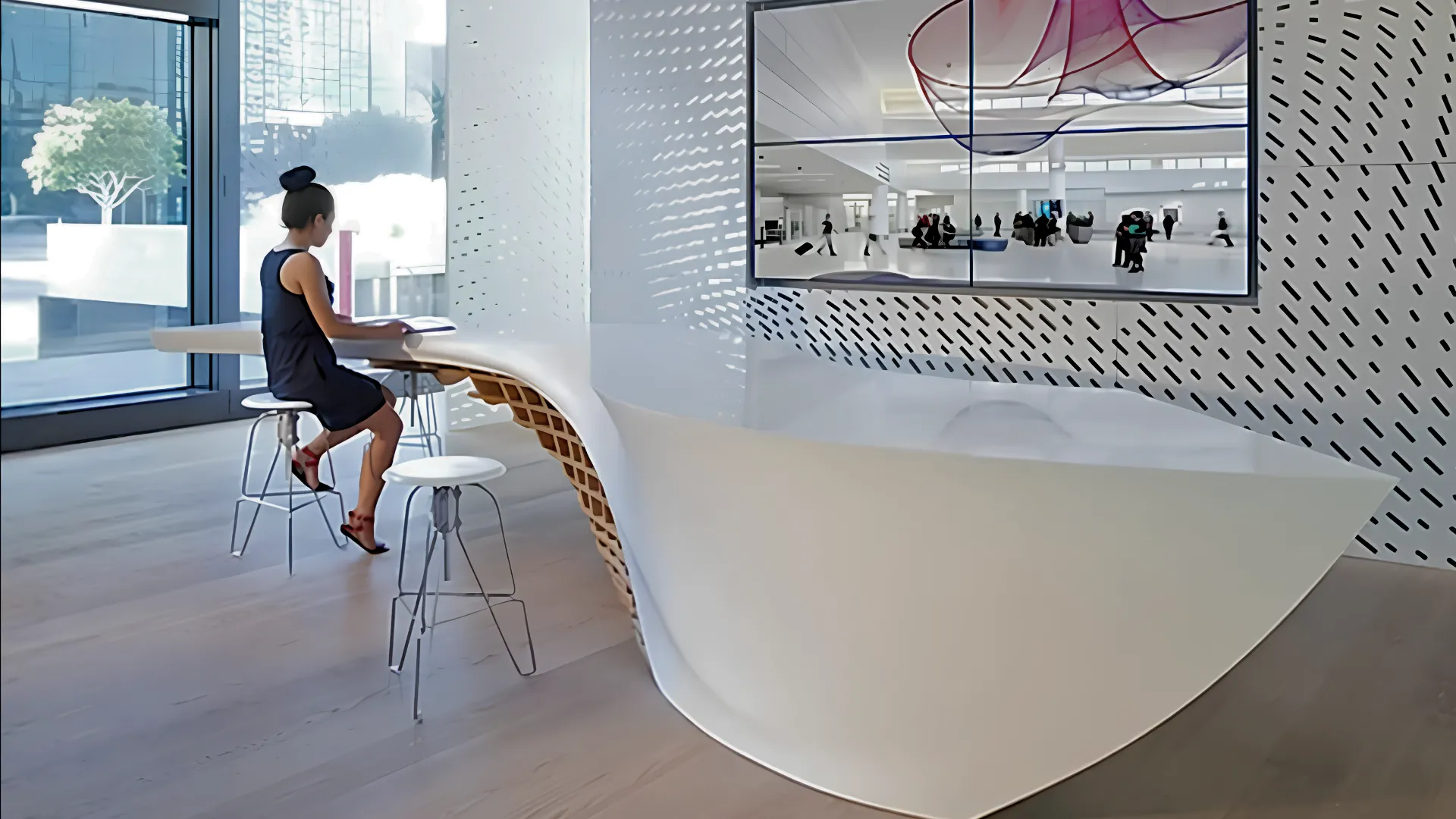 Avant-Garde Irregular Shape Reception Desk – Modern Luminous Fluid-Design Commercial Counter