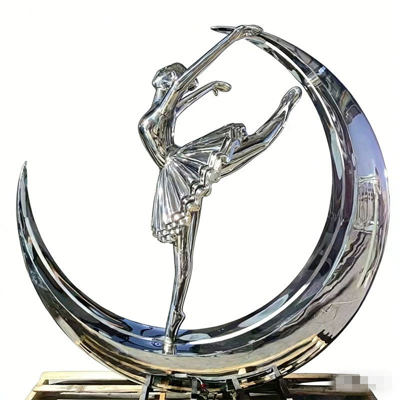 Mirror-finish stainless steel moon ballet dancer sculpture for modern garden landscape