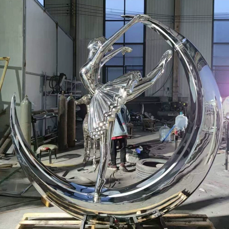 Mirror-finish stainless steel moon ballet dancer sculpture for modern garden landscape