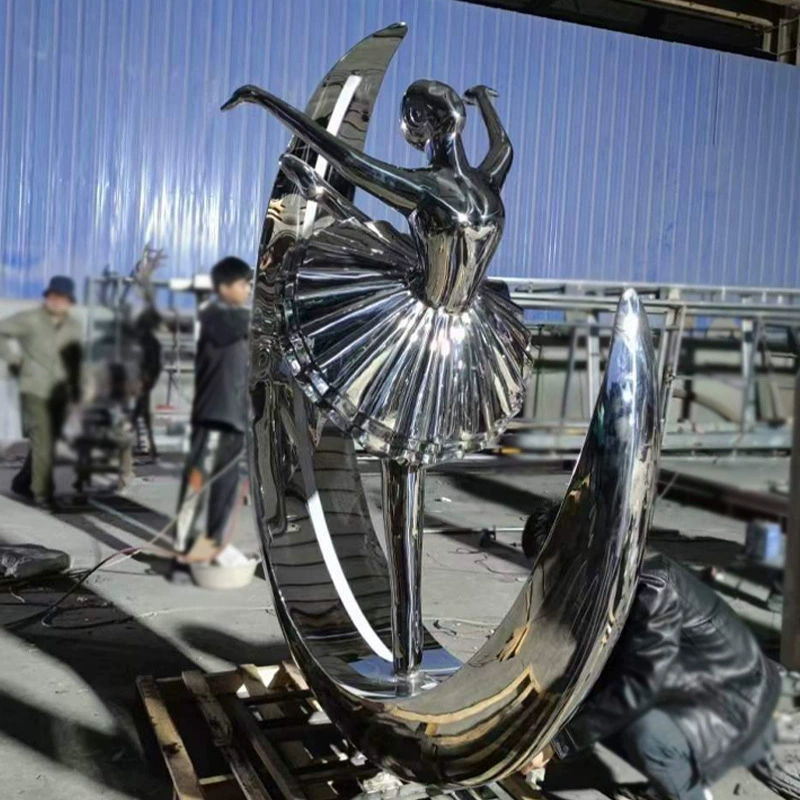 Mirror-finish stainless steel moon ballet dancer sculpture for modern garden landscape