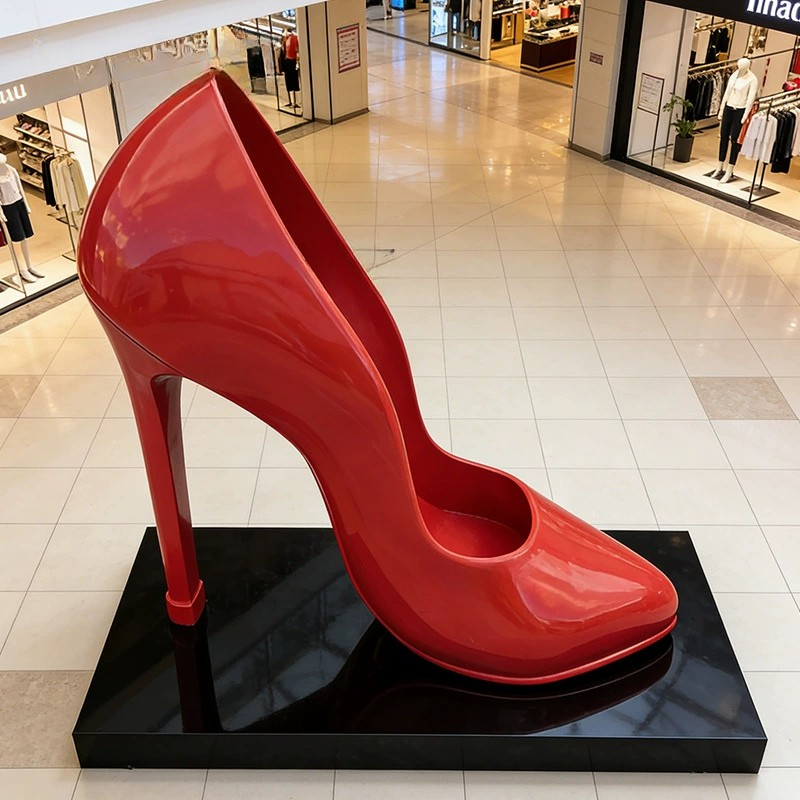 Giant Red High 1 Heel Shoe Sculpture designed as a bold, pop-art landmark for commercial and retail space decoration