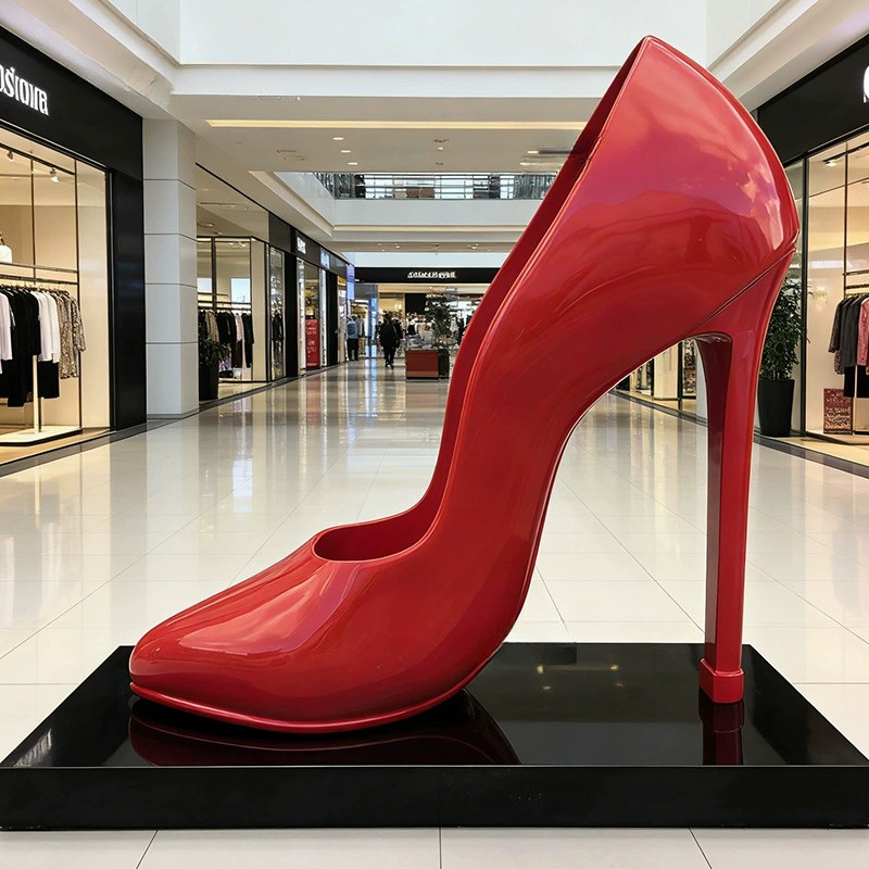 Giant Red High 1 Heel Shoe Sculpture designed as a bold, pop-art landmark for commercial and retail space decoration