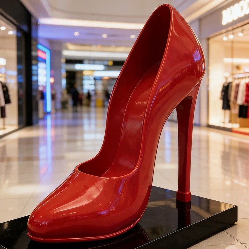 Giant Red High 1 Heel Shoe Sculpture designed as a bold, pop-art landmark for commercial and retail 