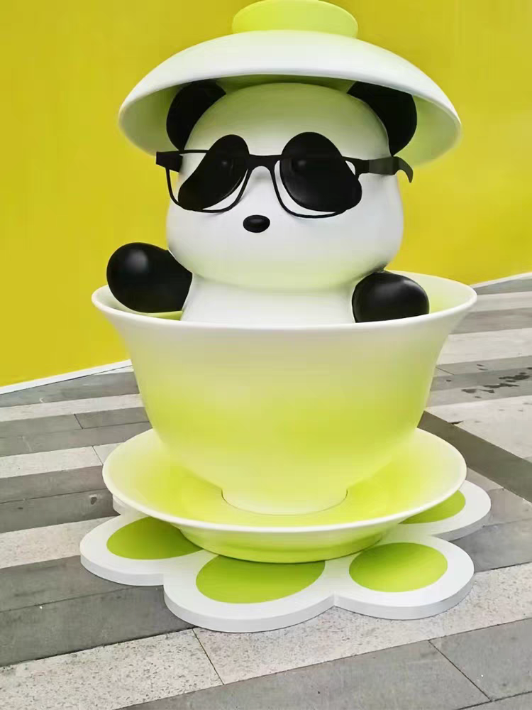 Adorable Chinese panda and teacup-shaped sculpture for shopping malls stores decoration
