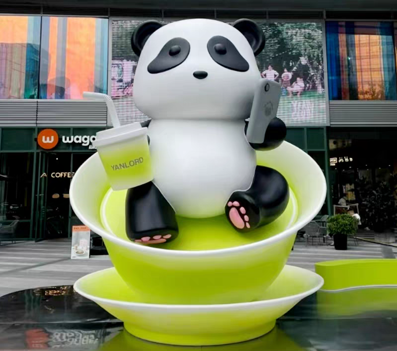 Adorable Chinese panda and teacup-shaped sculpture for shopping malls stores decoration