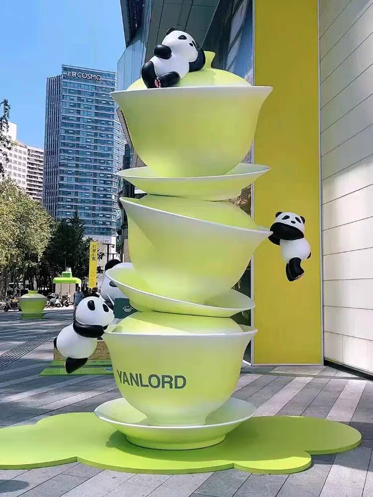 Adorable Chinese panda and teacup-shaped sculpture for shopping malls stores decoration