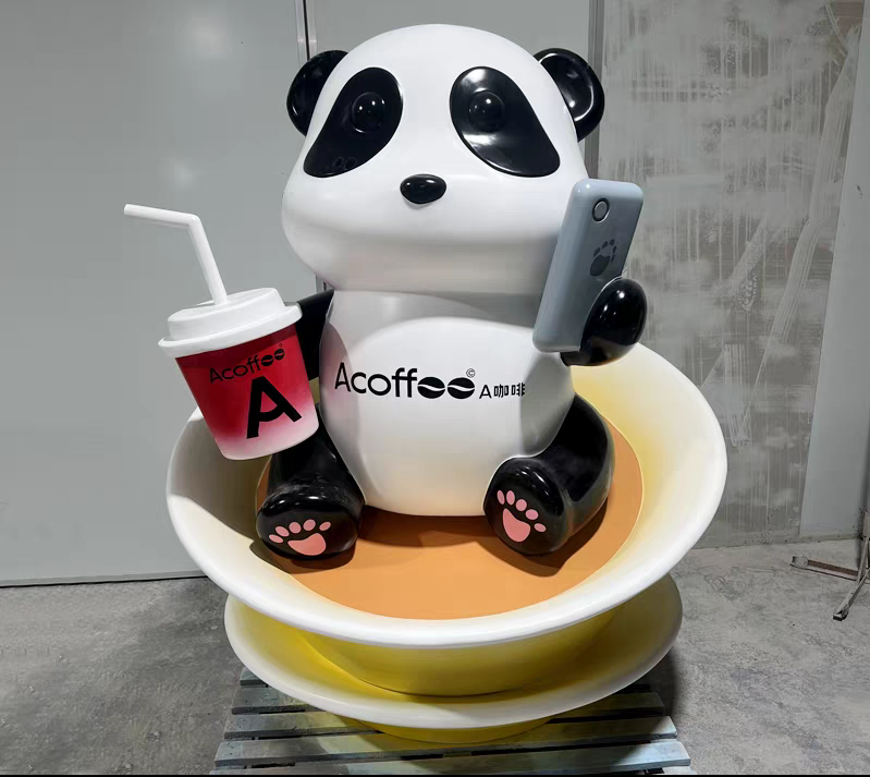 Adorable Chinese panda and teacup-shaped sculpture for shopping malls stores decoration