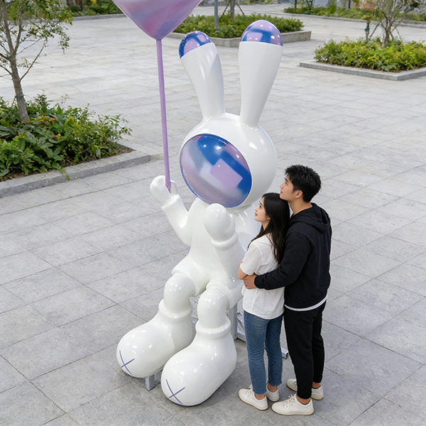 Giant Pop Art White Rabbit Sculpture with Balloon | Harajuku Style Outdoor Fiberglass Statue for Commercial Plaza & Photo Op Landmark