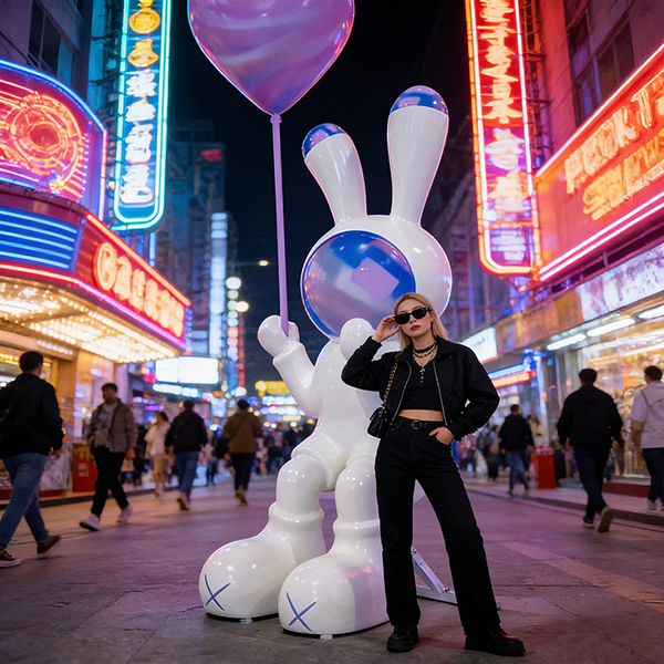 Giant Pop Art White Rabbit Sculpture with Balloon | Harajuku Style Outdoor Fiberglass Statue for Com