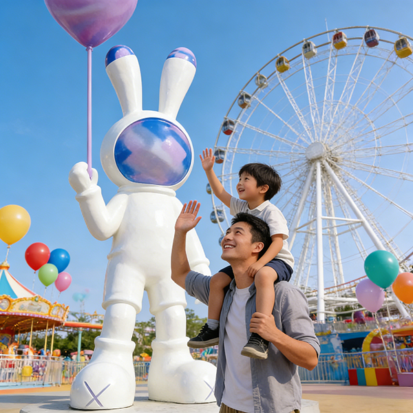 Giant Pop Art White Rabbit Sculpture with Balloon | Harajuku Style Outdoor Fiberglass Statue for Commercial Plaza & Photo Op Landmark