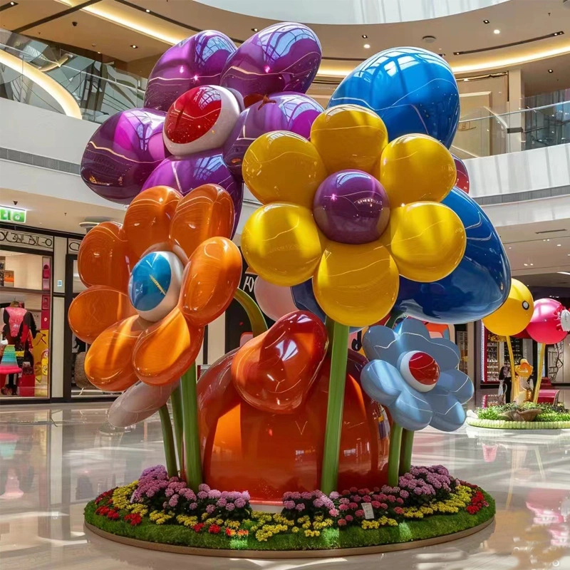 Glossy Pop-Art Flower Bouquet Sculpture – Oversized Balloon-Style Floral Installation for Shopping Mall Atriums & Family Entertainment Centers