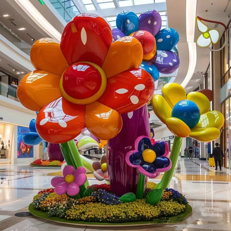 Glossy Pop-Art Flower Bouquet Sculpture – Oversized Balloon-Style Floral Installation for Shopping M